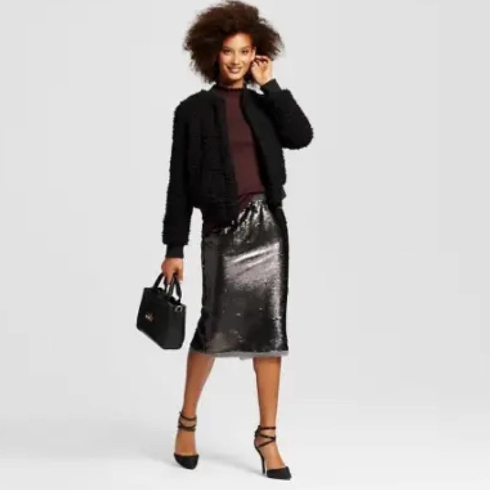 Who What Wear Gray Sequin Elastic Waist Midi Penci Skirt Size Large